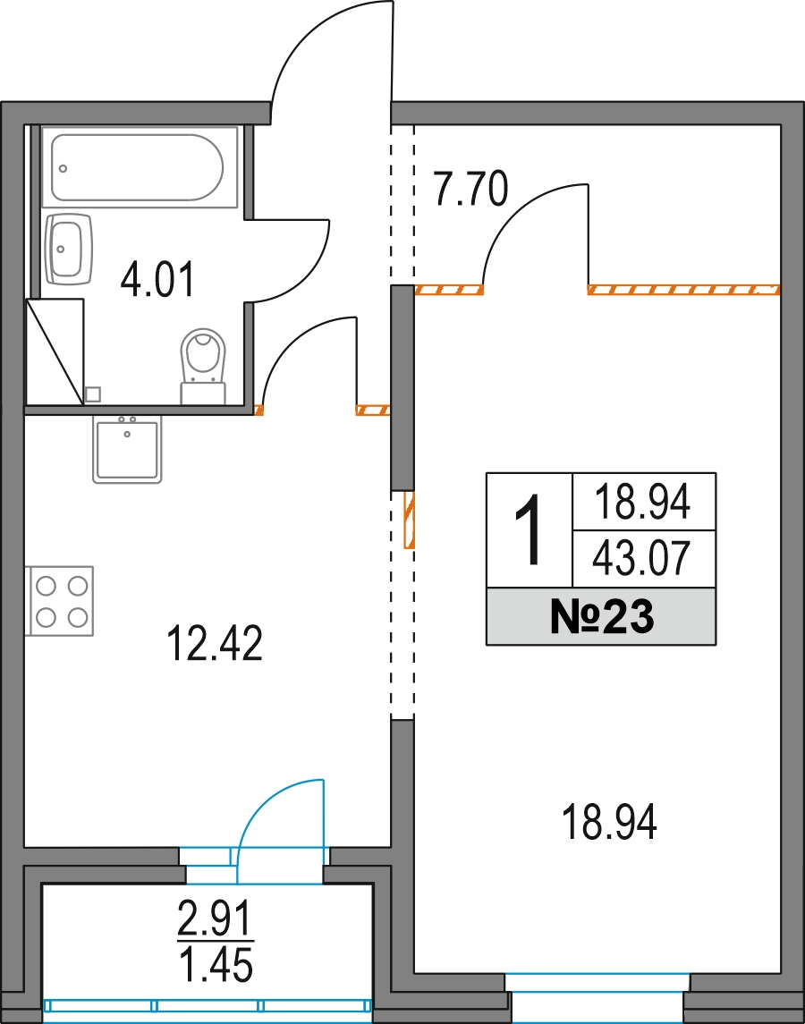 1-комнатная квартира с отделкой в ЖК Преображенский на 8 этаже в 1 секции. Сдача в 3 кв. 2026 г.