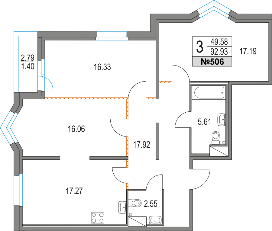 3-комнатная квартира в ЖК Приморский квартал на 14 этаже в 7 секции. Сдача в 2 кв. 2025 г.