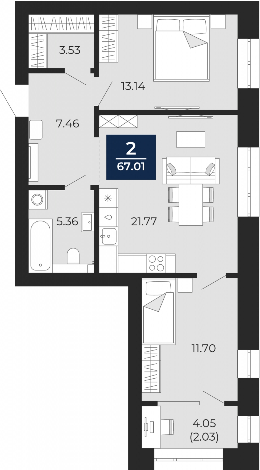 2-комнатная квартира в ЖК Upside Towers на 37 этаже в 1 секции. Сдача в 2 кв. 2026 г.