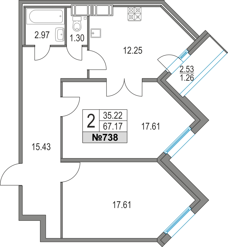 1-комнатная квартира в ЖК Приморский квартал на 11 этаже в 2 секции. Сдача в 2 кв. 2025 г.
