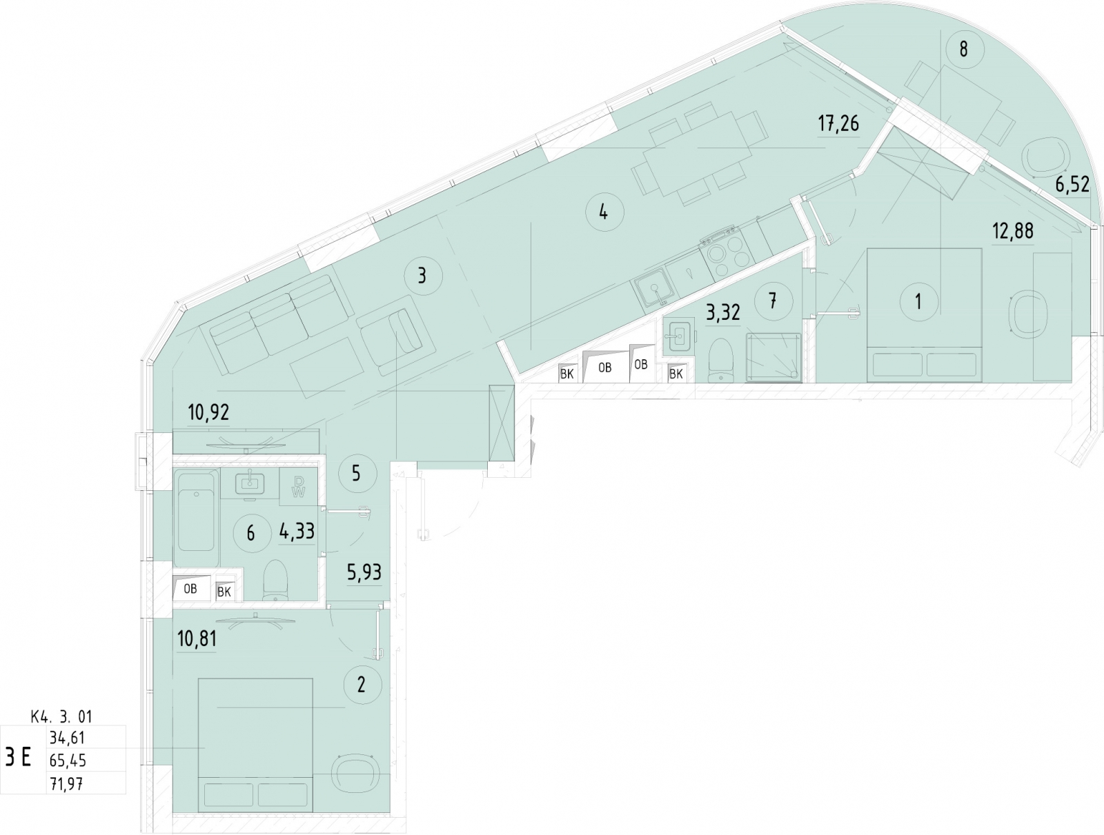 3-комнатная квартира в ЖК е.волюция на 8 этаже в 1 секции. Сдача в 3 кв. 2024 г.