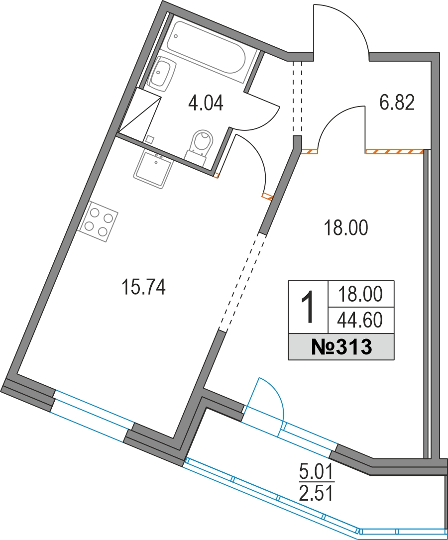 1-комнатная квартира (Студия) с отделкой в ЖК Преображенский на 4 этаже в 5 секции. Сдача в 3 кв. 2026 г.