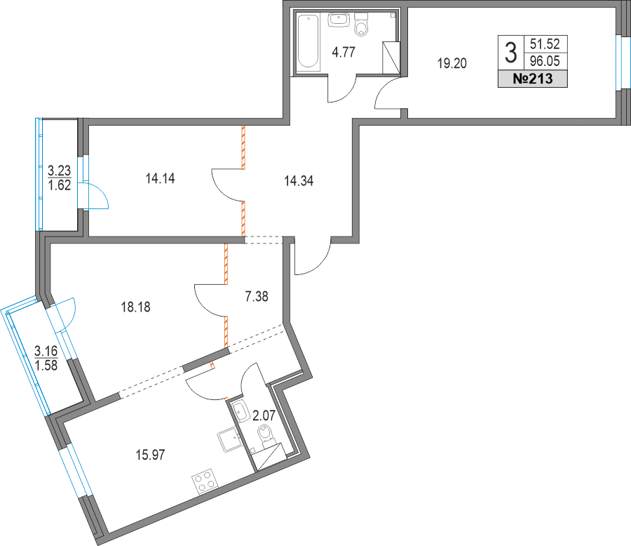 3-комнатная квартира с отделкой в ЖК Преображенский на 8 этаже в 1 секции. Сдача в 3 кв. 2026 г.