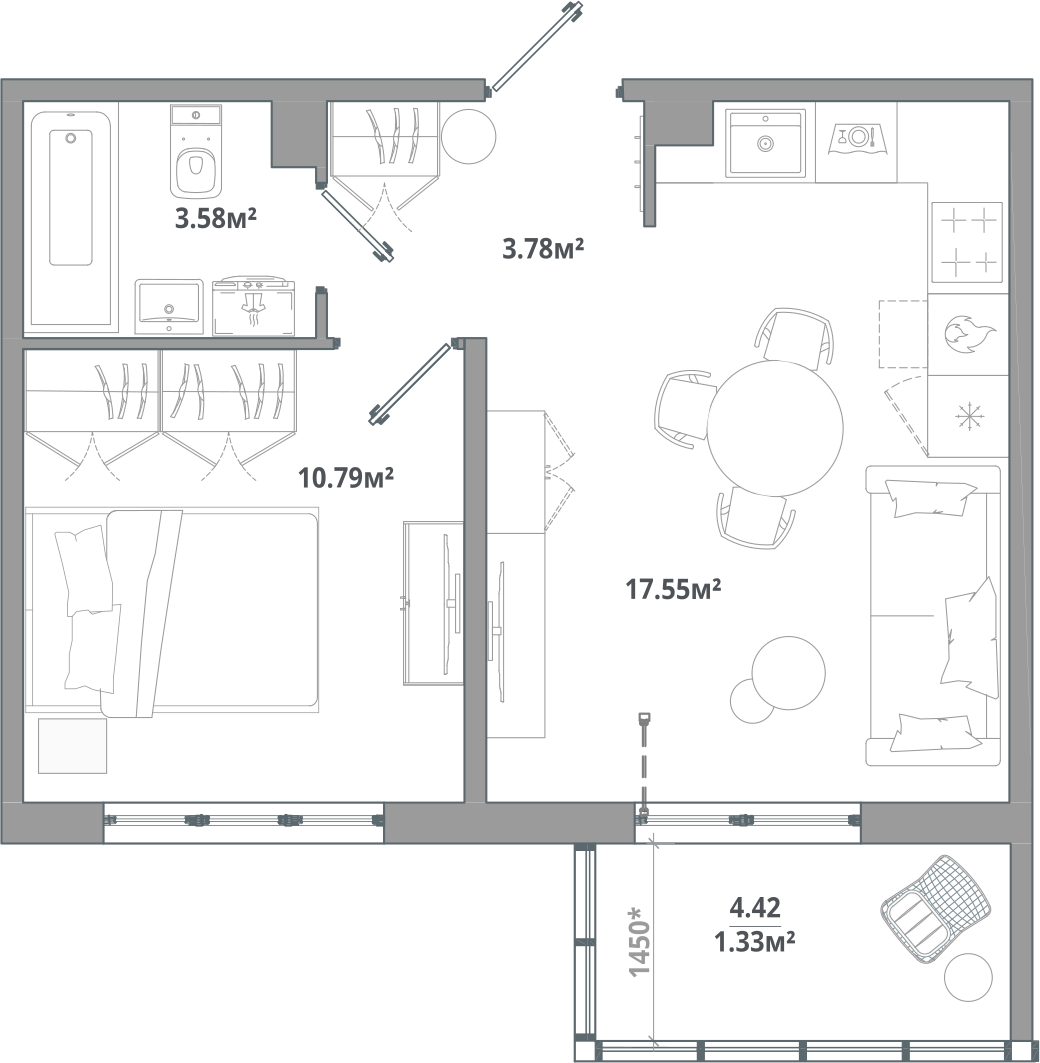 1-комнатная квартира (Студия) в ЖК Южные сады на 7 этаже в 2 секции. Сдача в 2 кв. 2025 г.