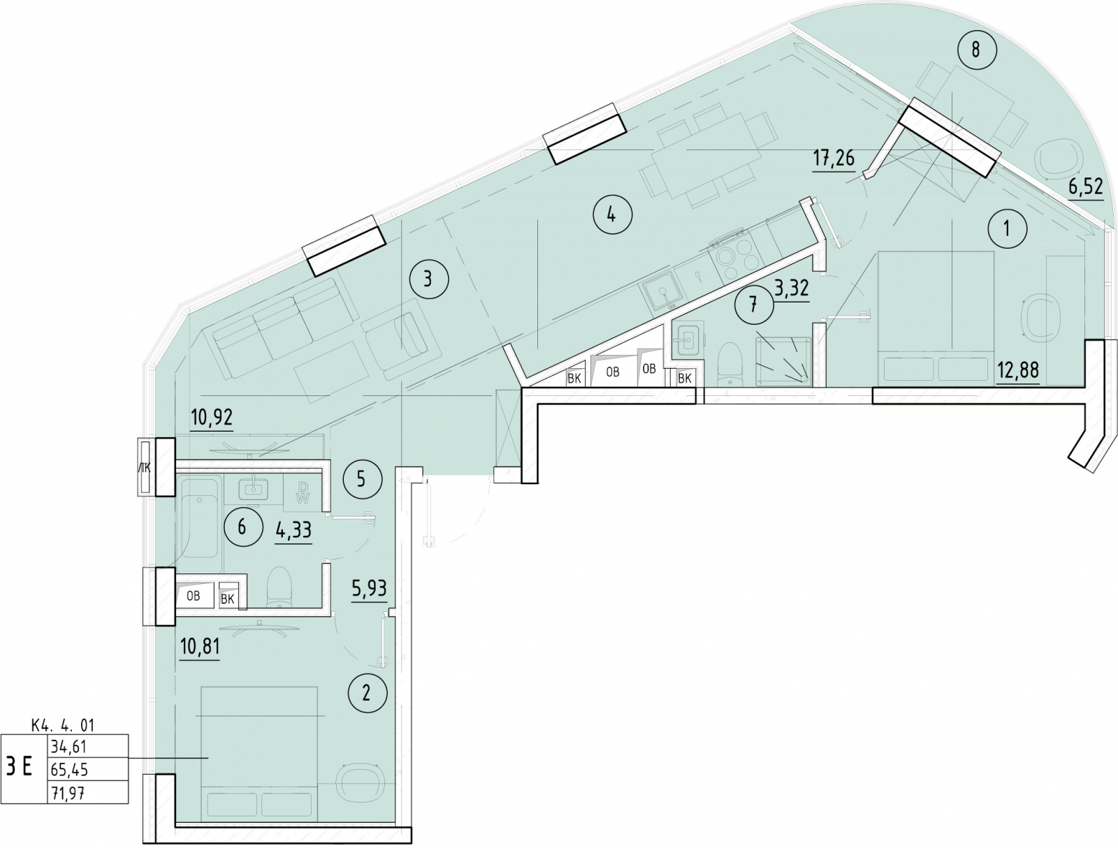 1-комнатная квартира (Студия) в ЖК Приморский квартал на 3 этаже в 4 секции. Сдача в 2 кв. 2025 г.