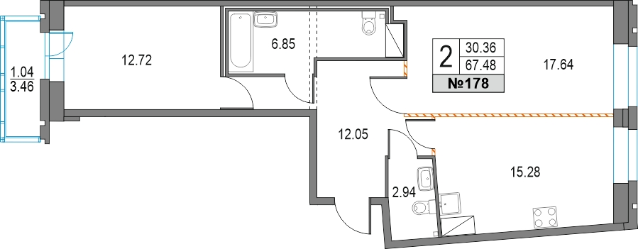 2-комнатная квартира в ЖК Upside Towers на 46 этаже в 1 секции. Сдача в 2 кв. 2026 г.