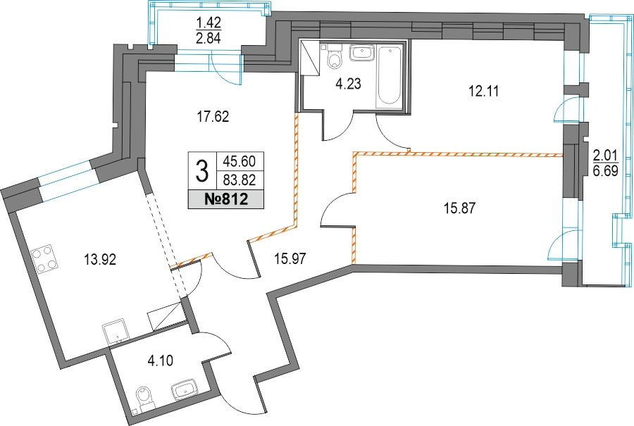 1-комнатная квартира в ЖК Upside Towers на 46 этаже в 1 секции. Сдача в 2 кв. 2026 г.