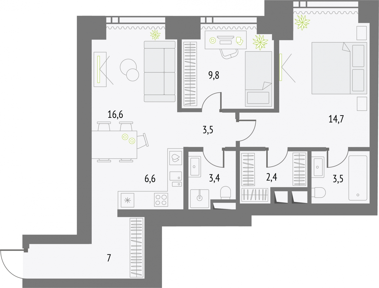 2-комнатная квартира в ЖК Приморский квартал на 5 этаже в 3 секции. Сдача в 2 кв. 2025 г.
