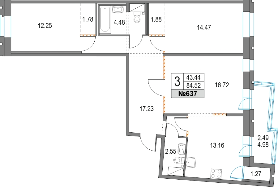 3-комнатная квартира с отделкой в ЖК Преображенский на 7 этаже в 5 секции. Сдача в 3 кв. 2026 г.