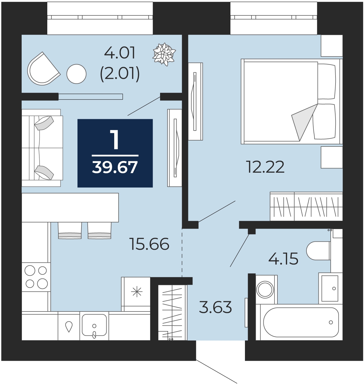 2-комнатная квартира в ЖК Upside Towers на 7 этаже в 1 секции. Сдача в 2 кв. 2026 г.