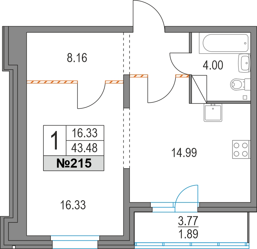 1-комнатная квартира в ЖК Приморский квартал на 12 этаже в 1 секции. Сдача в 2 кв. 2025 г.