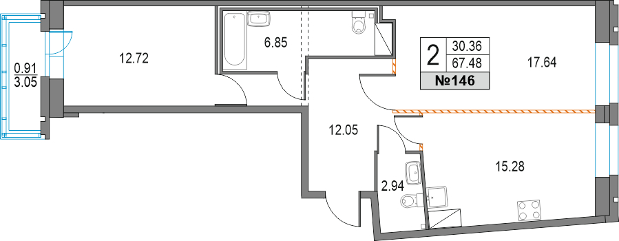 2-комнатная квартира в ЖК Upside Towers на 16 этаже в 1 секции. Сдача в 2 кв. 2026 г.