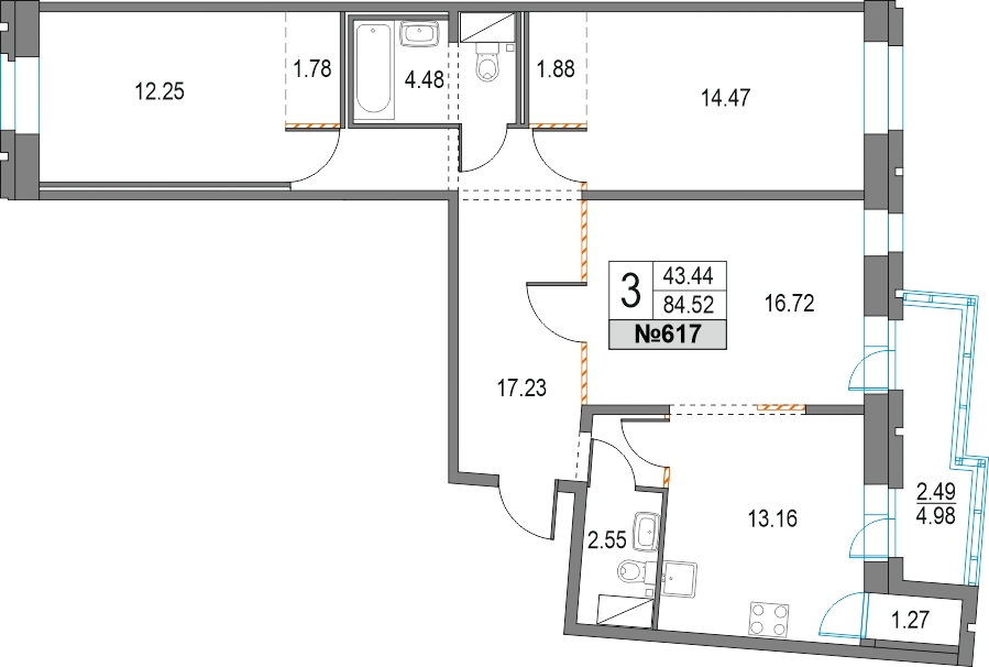 3-комнатная квартира в ЖК Приморский квартал на 8 этаже в 8 секции. Сдача в 2 кв. 2025 г.