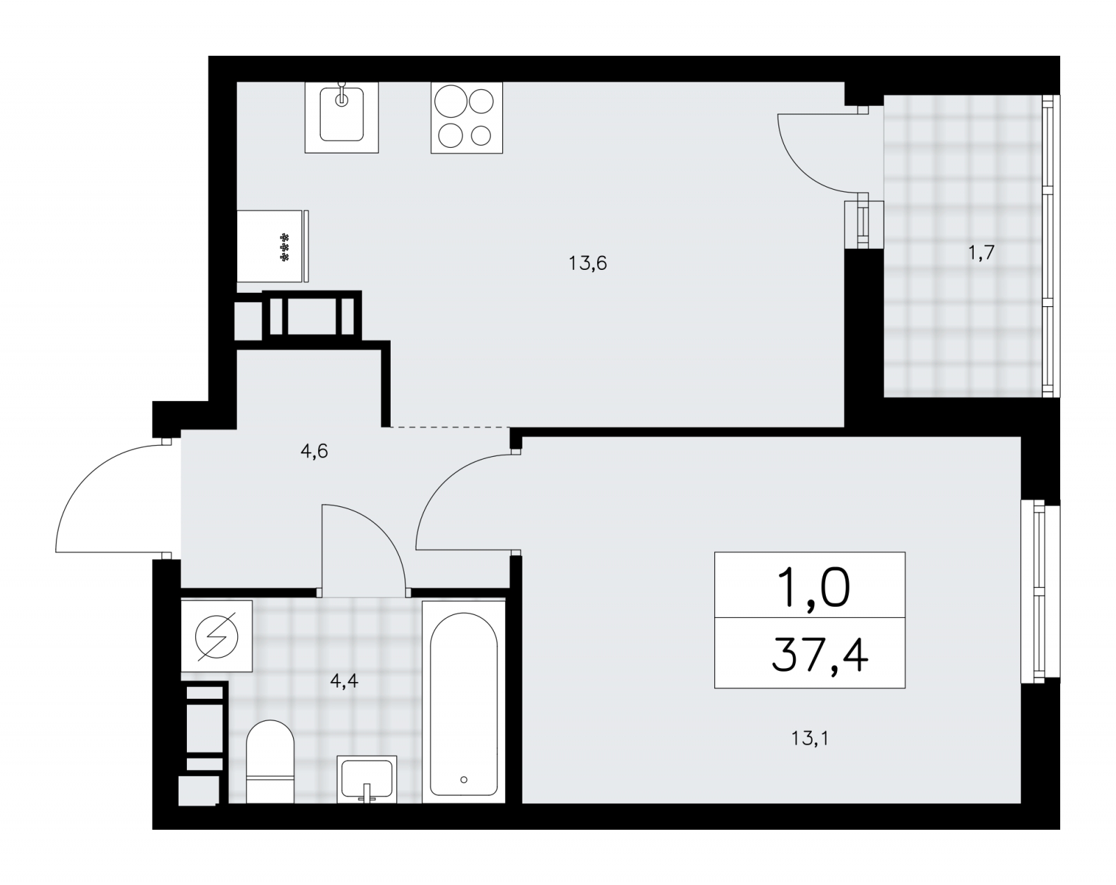 2-комнатная квартира в ЖК Upside Towers на 14 этаже в 1 секции. Сдача в 2 кв. 2026 г.