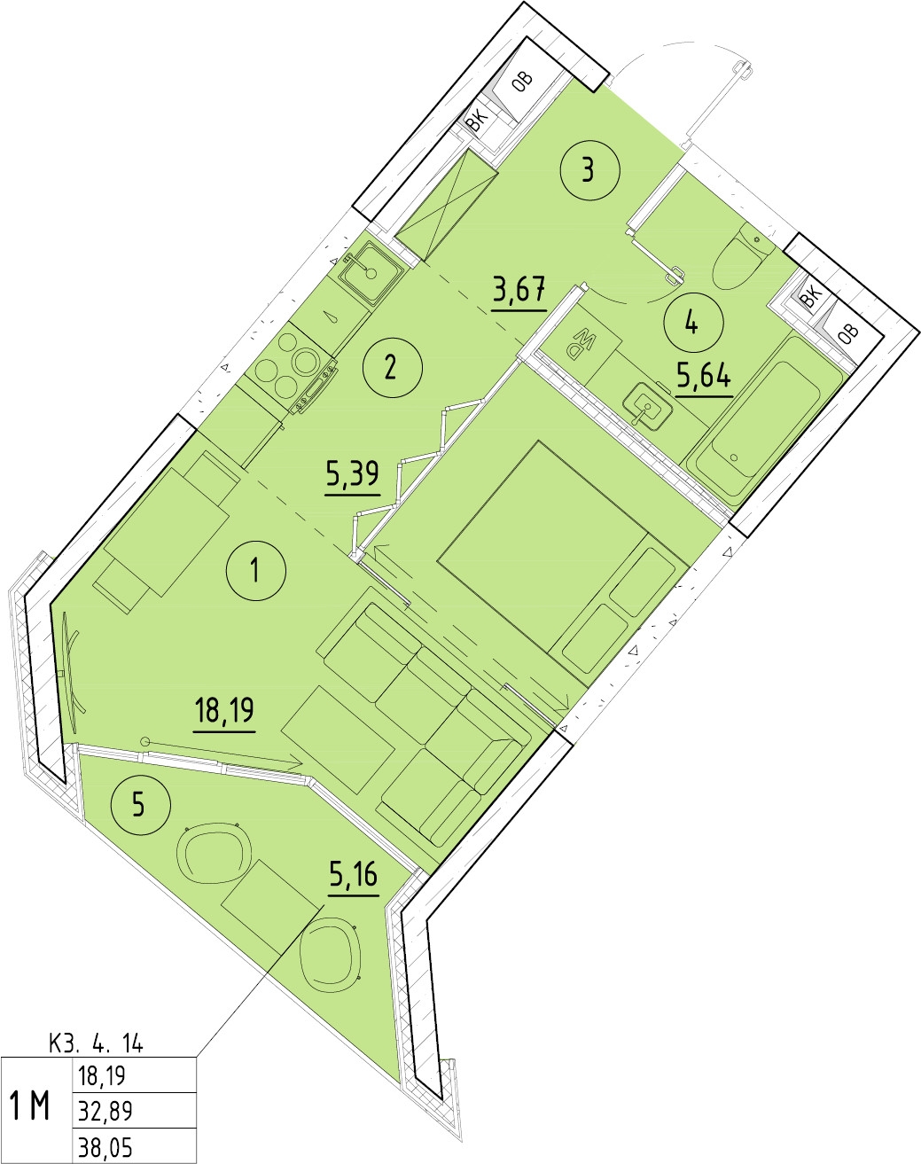 1-комнатная квартира (Студия) в ЖК А101 Всеволожск на 5 этаже в 1 секции. Сдача в 3 кв. 2025 г.