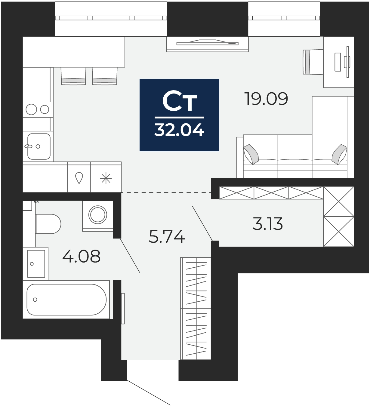 1-комнатная квартира (Студия) в ЖК HighWay на 5 этаже в 6 секции. Сдача в 4 кв. 2023 г.