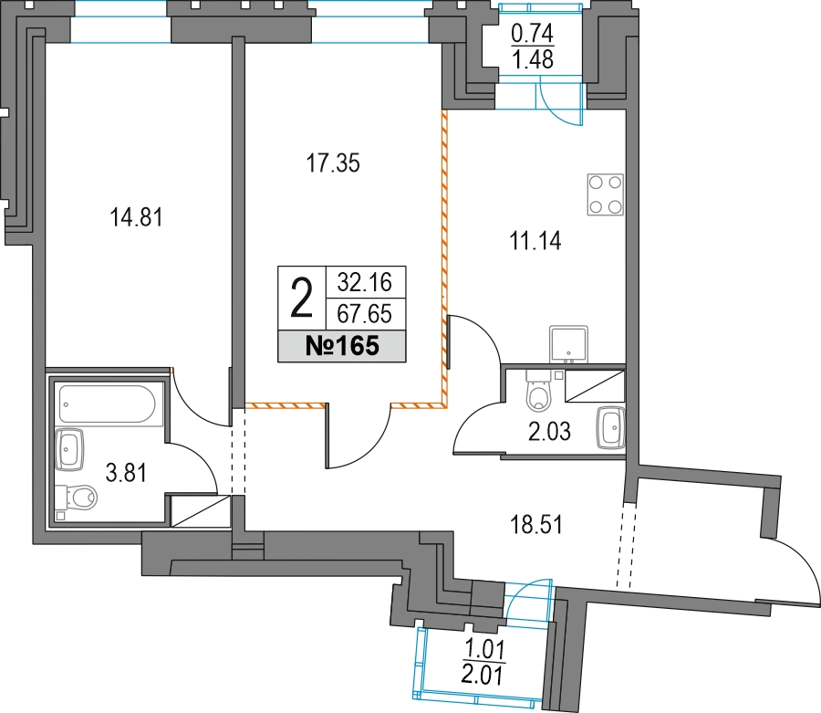 2-комнатная квартира в ЖК Приморский квартал на 9 этаже в 2 секции. Сдача в 2 кв. 2025 г.