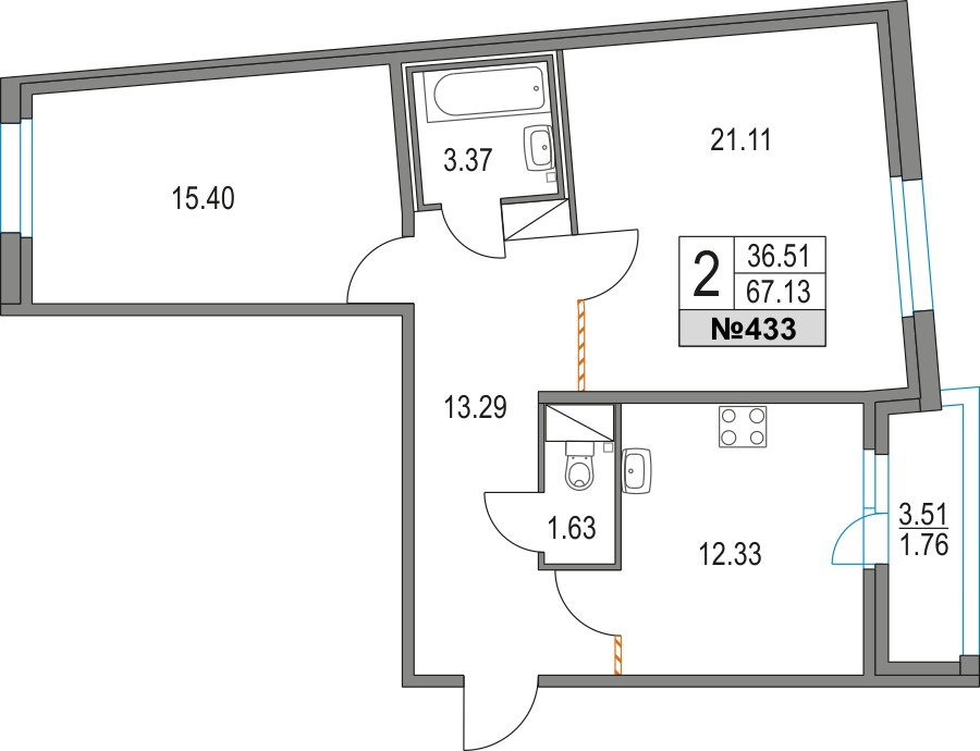 3-комнатная квартира в ЖК Приморский квартал на 4 этаже в 5 секции. Сдача в 2 кв. 2025 г.