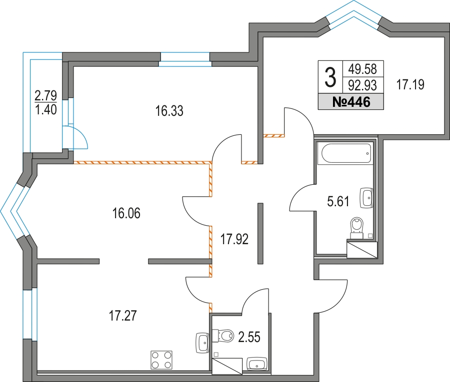 3-комнатная квартира в ЖК Приморский квартал на 7 этаже в 5 секции. Сдача в 2 кв. 2025 г.