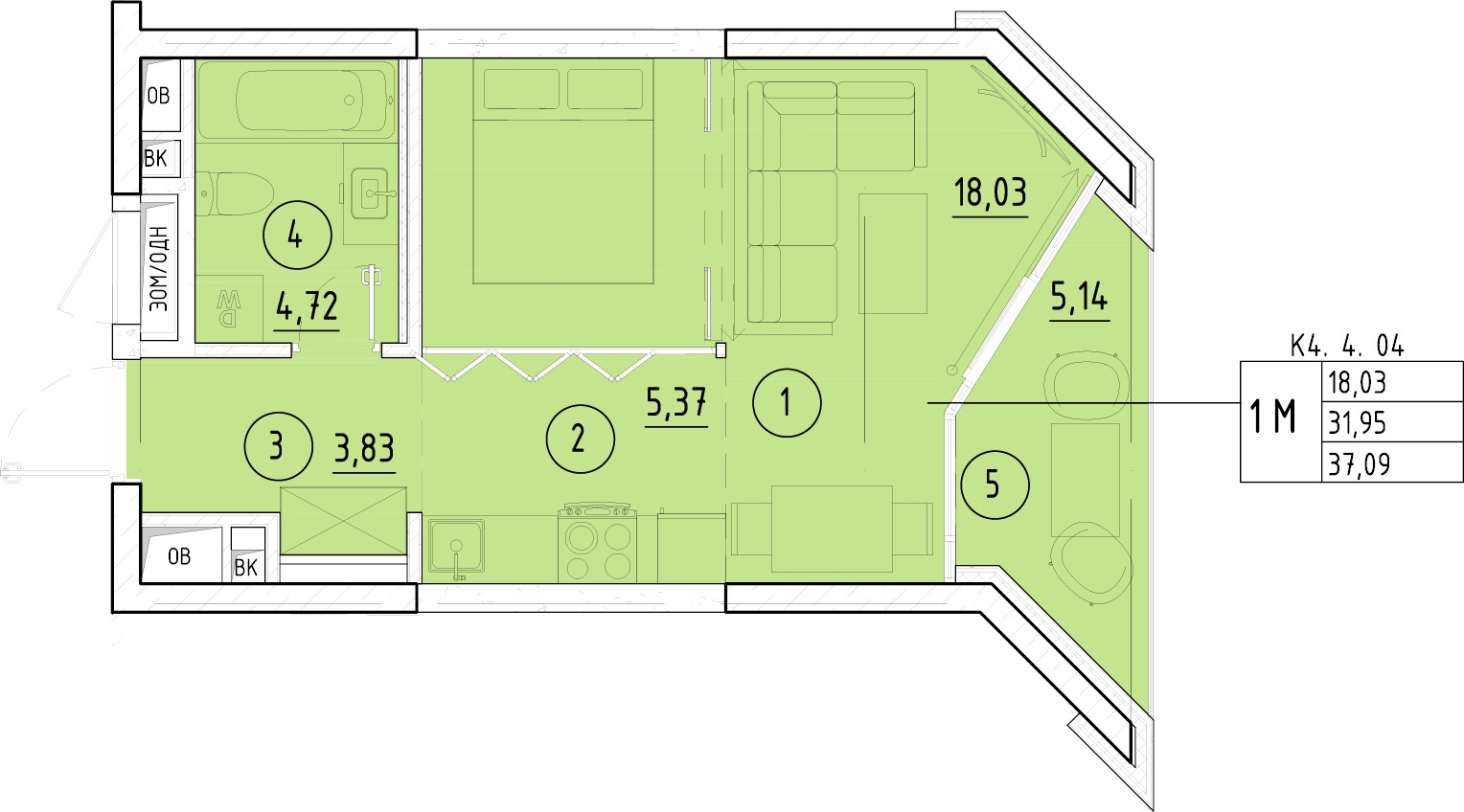 1-комнатная квартира (Студия) в ЖК Приморский квартал на 2 этаже в 3 секции. Сдача в 2 кв. 2025 г.