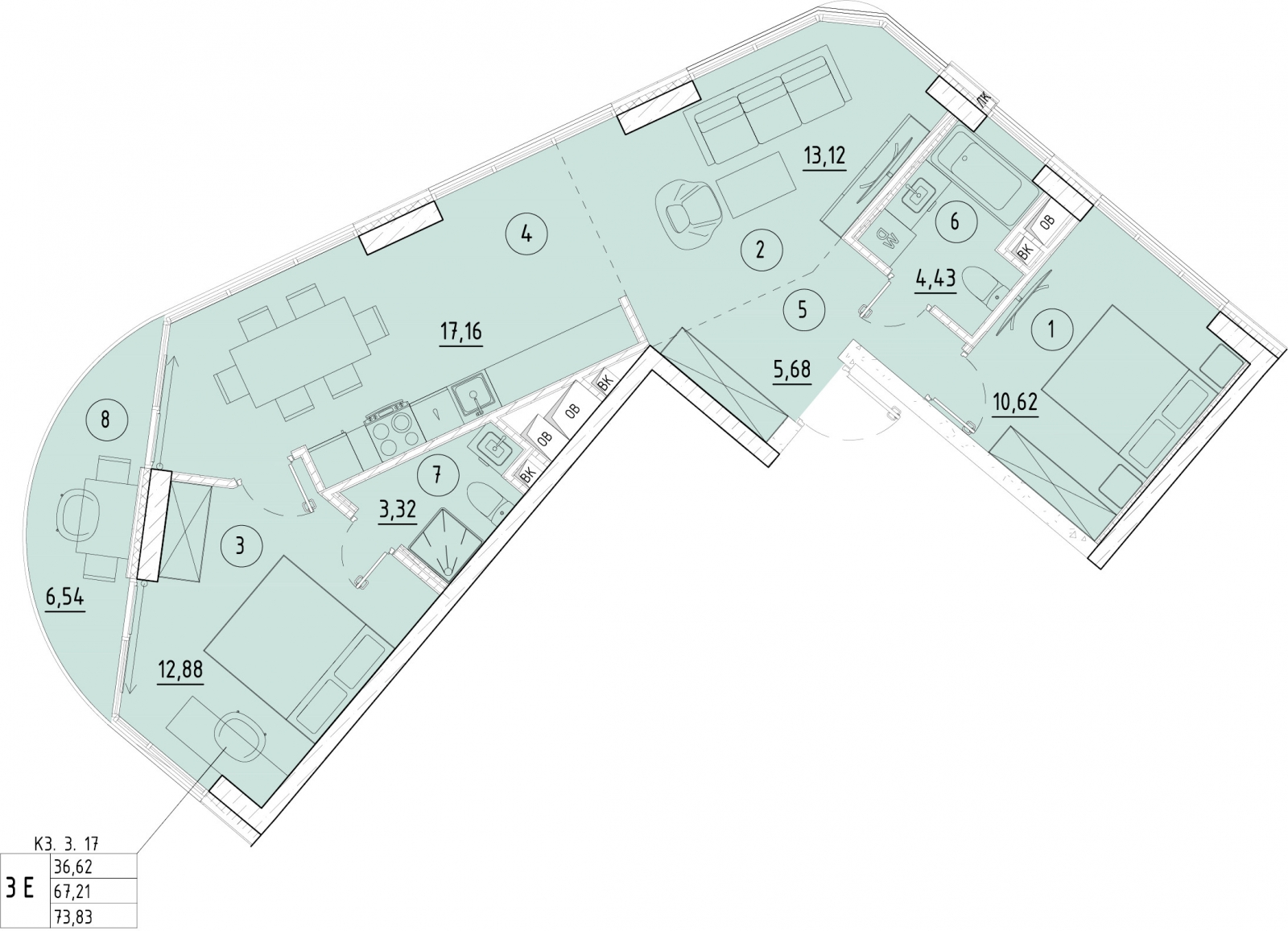3-комнатная квартира в ЖК Приморский квартал на 15 этаже в 7 секции. Сдача в 2 кв. 2025 г.