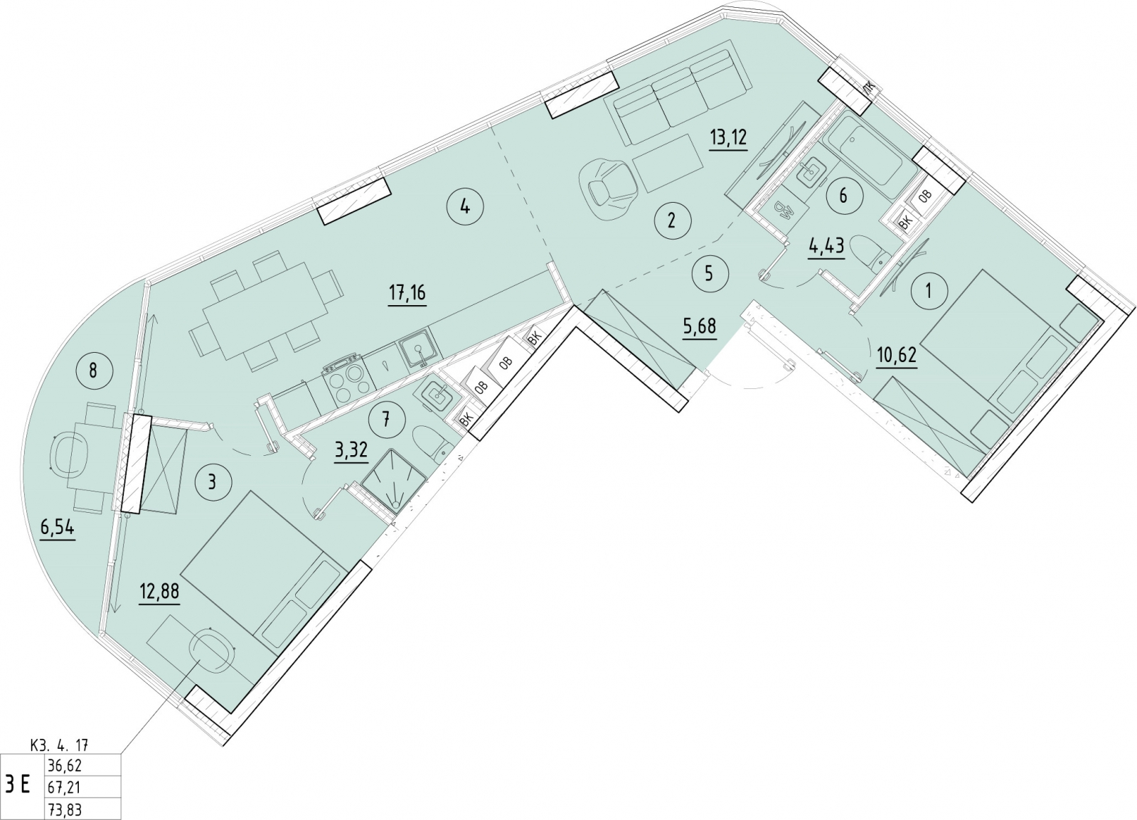 1-комнатная квартира в ЖК Приморский квартал на 22 этаже в 3 секции. Сдача в 2 кв. 2025 г.