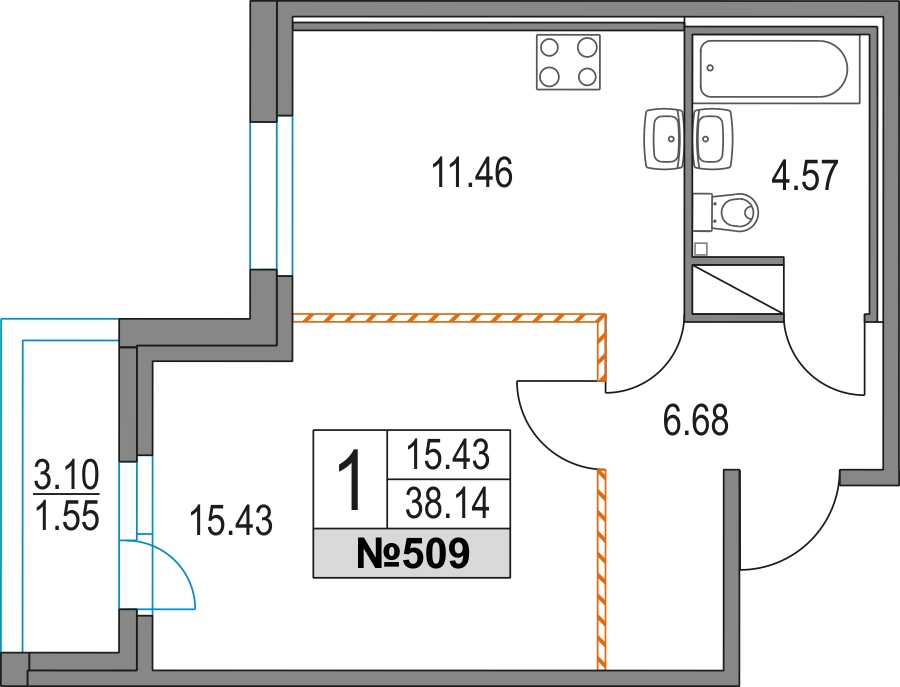 1-комнатная квартира в ЖК е.волюция на 11 этаже в 1 секции. Сдача в 3 кв. 2024 г.