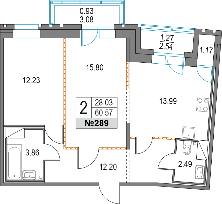 2-комнатная квартира в ЖК Тайм Сквер на 12 этаже в 1 секции. Сдача в 4 кв. 2024 г.