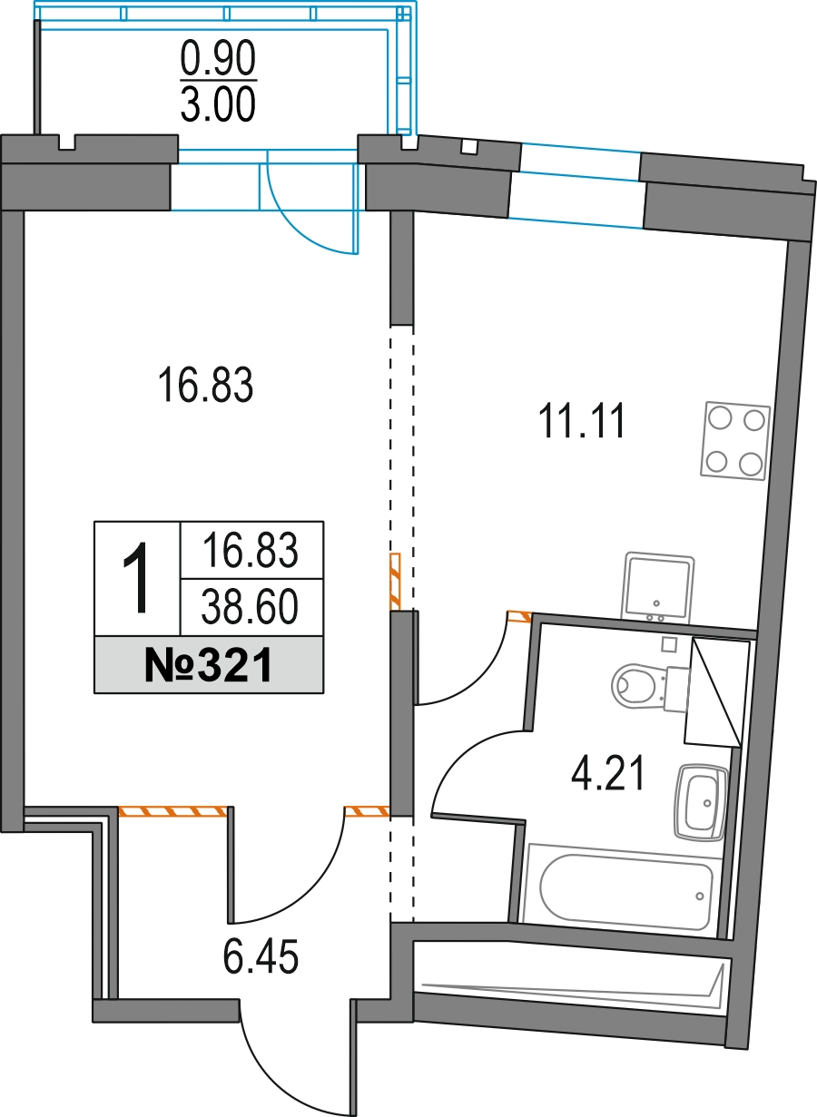 1-комнатная квартира в ЖК Тайм Сквер на 13 этаже в 1 секции. Сдача в 4 кв. 2024 г.