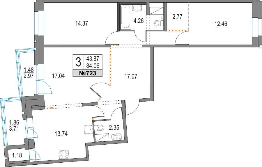 3-комнатная квартира в ЖК Приморский квартал на 6 этаже в 3 секции. Сдача в 2 кв. 2025 г.