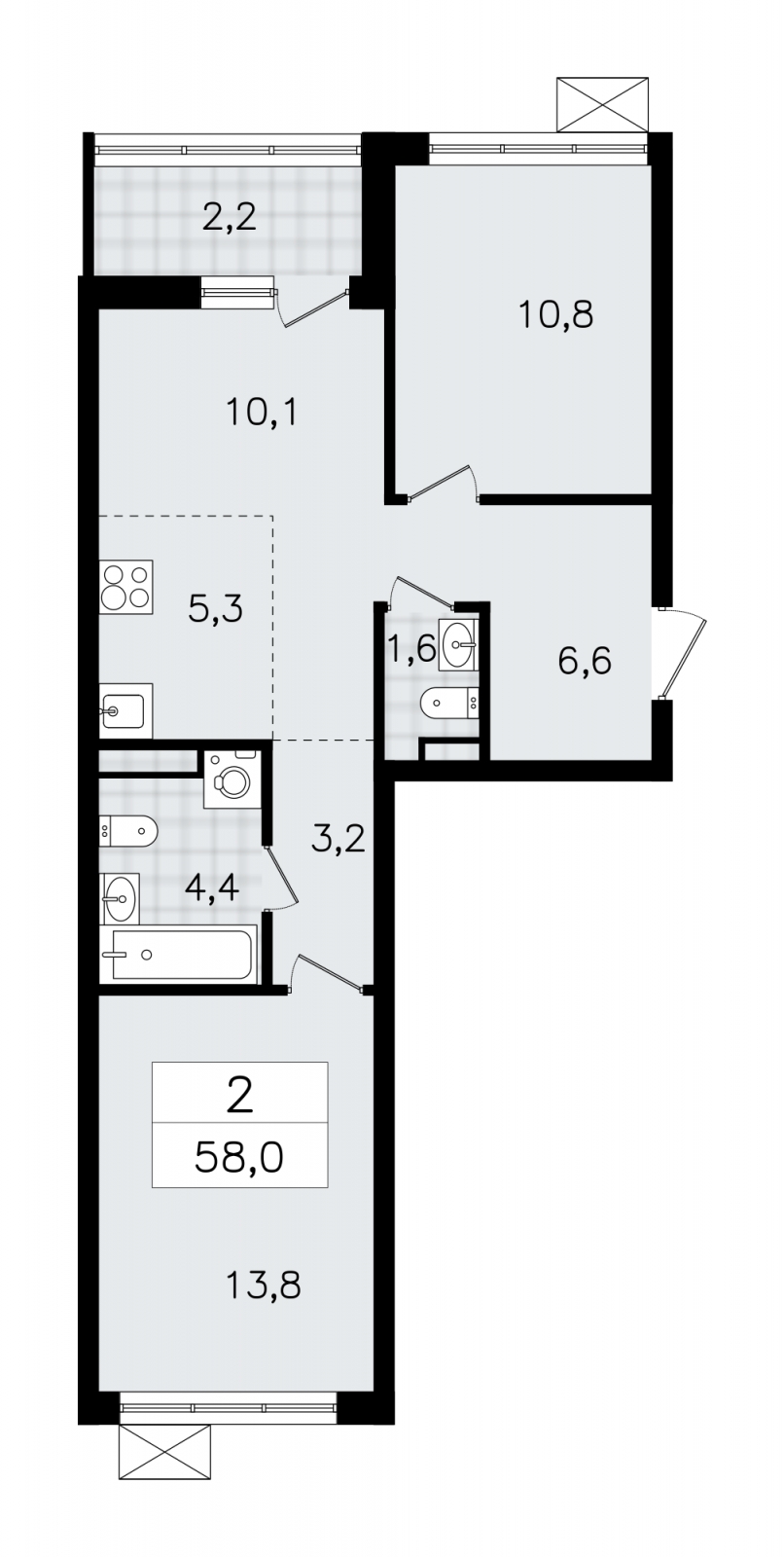 2-комнатная квартира в ЖК Upside Towers на 33 этаже в 1 секции. Сдача в 2 кв. 2026 г.