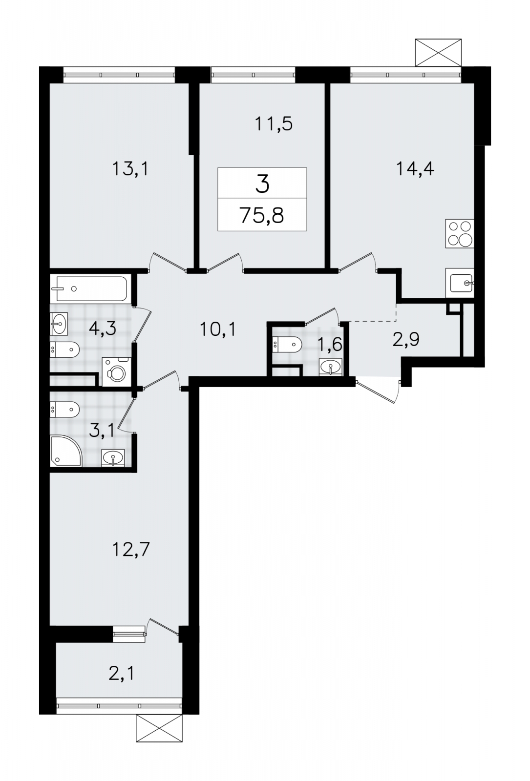 3-комнатная квартира в ЖК Родные кварталы на 6 этаже в 5 секции. Сдача в 3 кв. 2026 г.