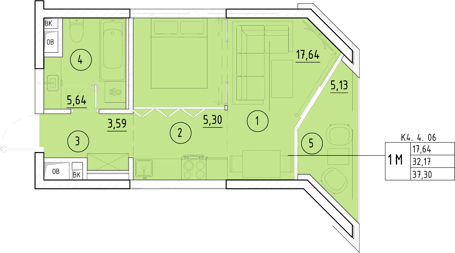 1-комнатная квартира (Студия) в ЖК Приморский квартал на 19 этаже в 2 секции. Сдача в 2 кв. 2025 г.
