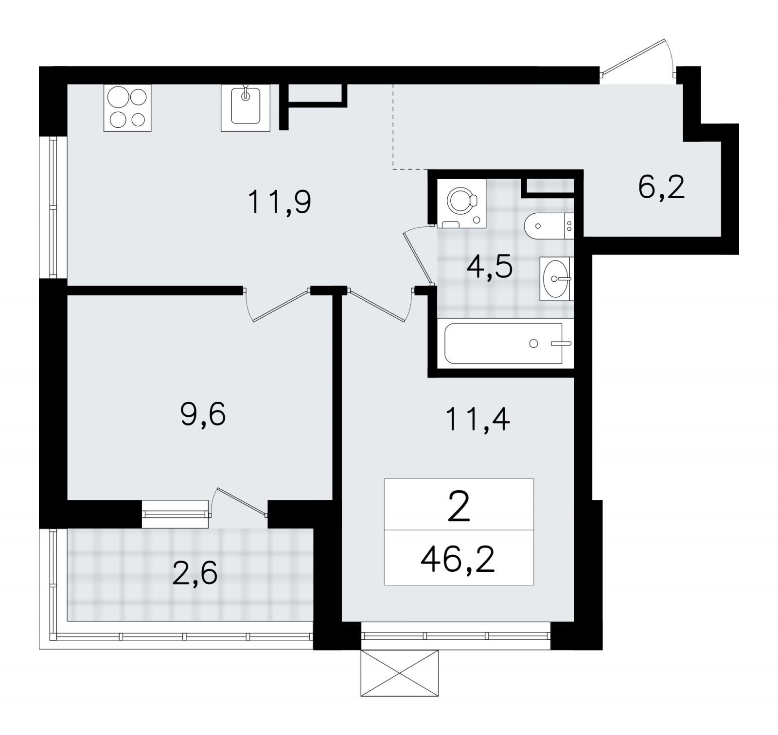 2-комнатная квартира в ЖК Upside Towers на 27 этаже в 1 секции. Сдача в 2 кв. 2026 г.