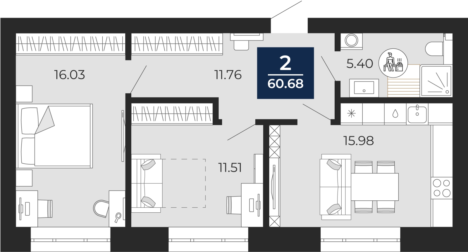 1-комнатная квартира в ЖК Квартал Che на 2 этаже в 2 секции. Сдача в 2 кв. 2023 г.