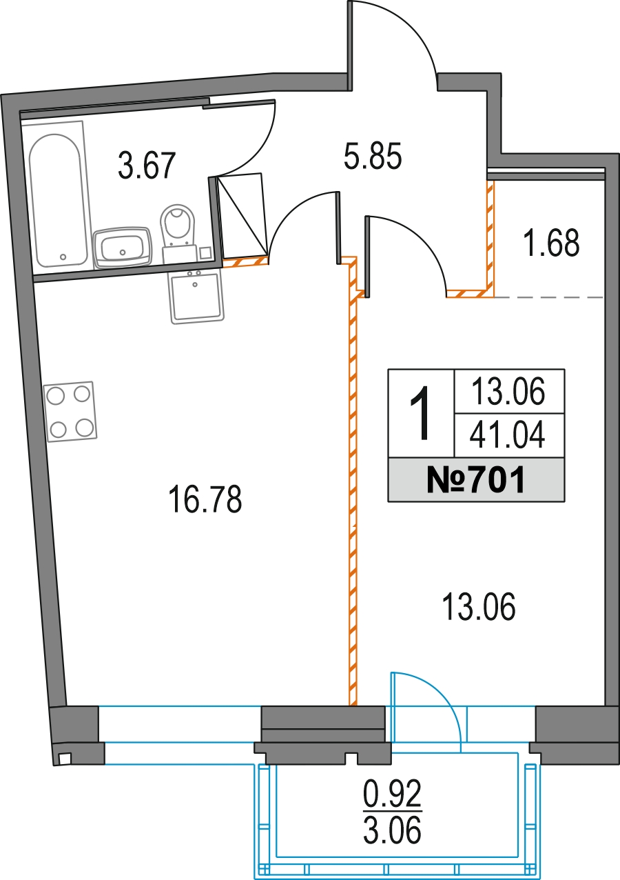 1-комнатная квартира в ЖК Квартал Che на 4 этаже в 3 секции. Сдача в 2 кв. 2023 г.