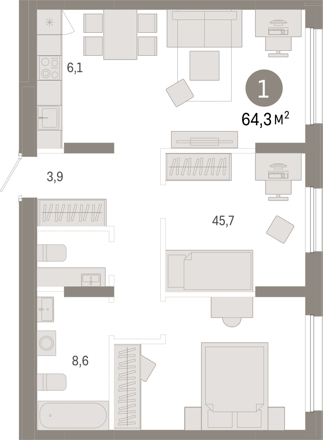 1-комнатная квартира в ЖК А101 Всеволожск на 3 этаже в 2 секции. Сдача в 3 кв. 2025 г.