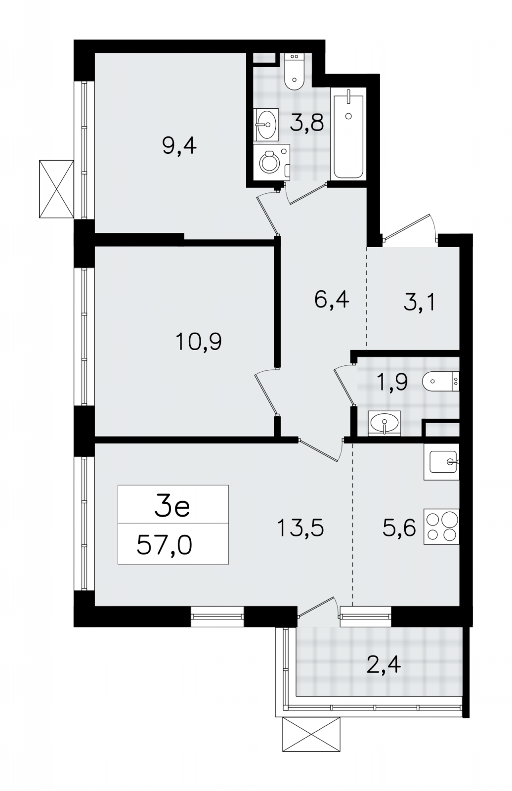 2-комнатная квартира в ЖК Upside Towers на 44 этаже в 1 секции. Сдача в 2 кв. 2026 г.