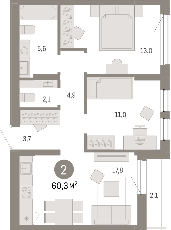 2-комнатная квартира с отделкой в ЖК А101 Лаголово на 9 этаже в 1 секции. Сдача в 3 кв. 2025 г.