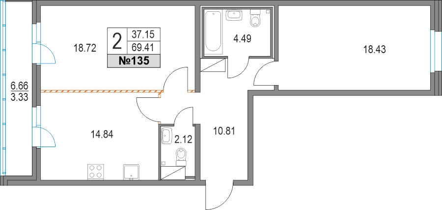 2-комнатная квартира в ЖК Профит на 4 этаже в 6 секции. Сдача в 2 кв. 2023 г.