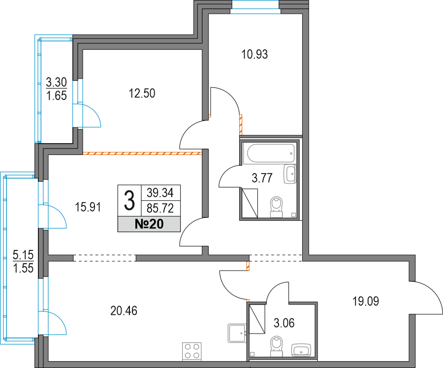 3-комнатная квартира с отделкой в ЖК Зеленая Вертикаль на 8 этаже в 1 секции. Сдача в 1 кв. 2023 г.
