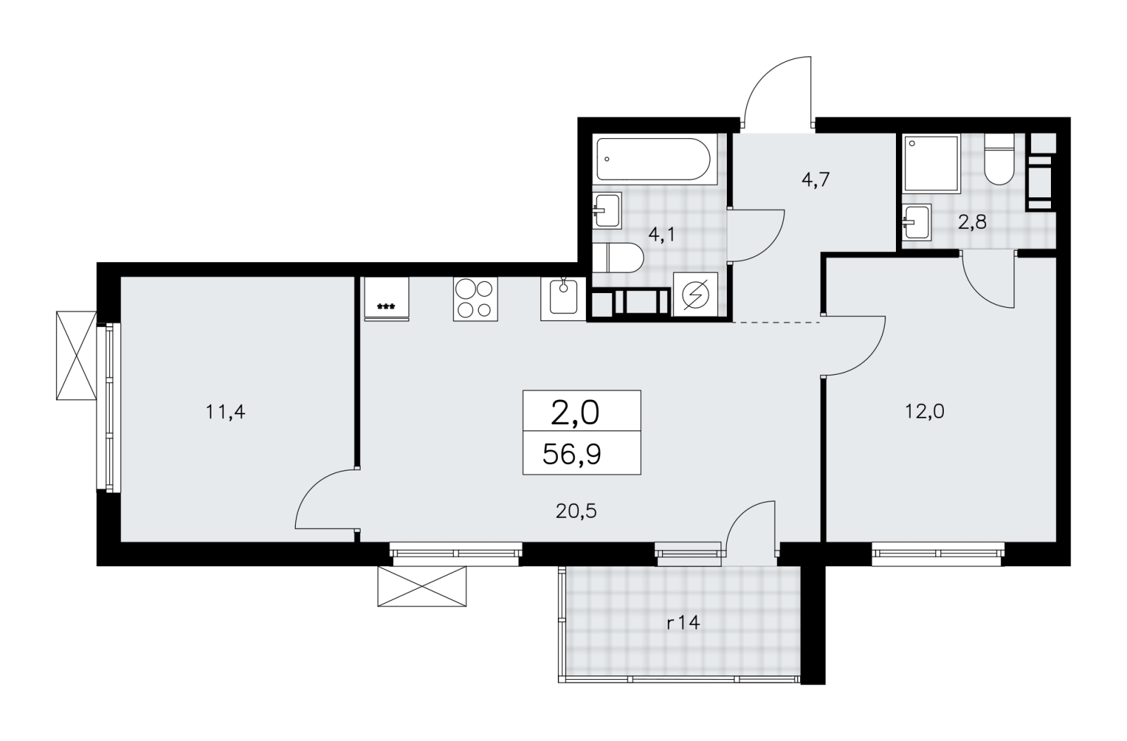 2-комнатная квартира с отделкой в ЖК А101 Лаголово на 6 этаже в 1 секции. Сдача в 1 кв. 2026 г.