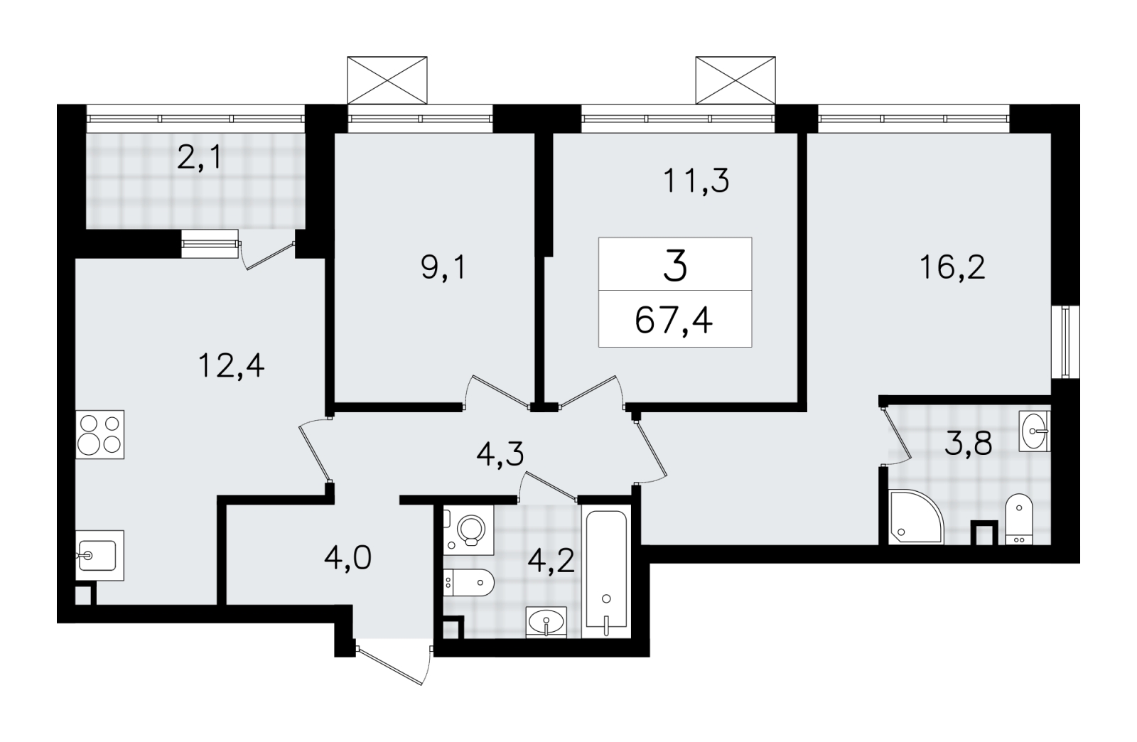2-комнатная квартира в ЖК А101 Всеволожск на 3 этаже в 1 секции. Сдача в 3 кв. 2025 г.