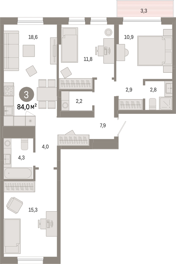 3-комнатная квартира с отделкой в ЖК Республики 205 на 2 этаже в 4 секции. Сдача в 4 кв. 2025 г.