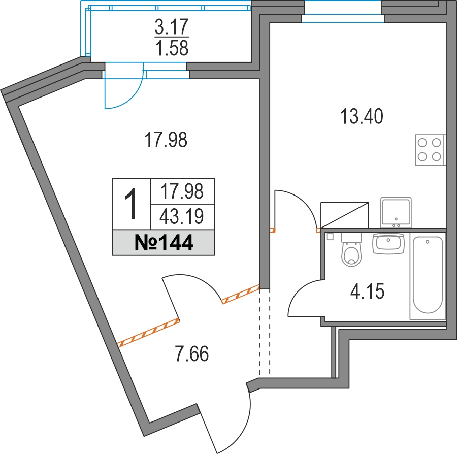 1-комнатная квартира в ЖК Ильинойс на 4 этаже в 4 секции. Сдача в 4 кв. 2024 г.