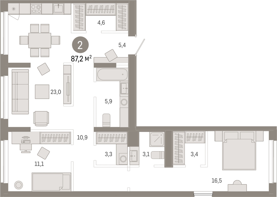2-комнатная квартира с отделкой в ЖК Республики 205 на 12 этаже в 1 секции. Сдача в 4 кв. 2025 г.