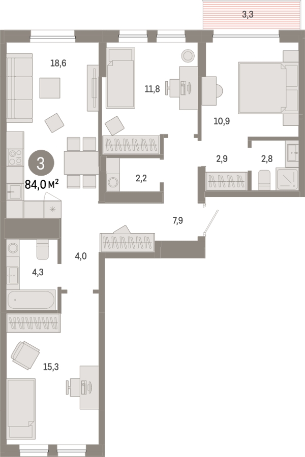 3-комнатная квартира с отделкой в ЖК Республики 205 на 9 этаже в 9 секции. Сдача в 4 кв. 2025 г.