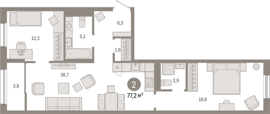3-комнатная квартира с отделкой в ЖК Республики 205 на 4 этаже в 1 секции. Сдача в 4 кв. 2025 г.