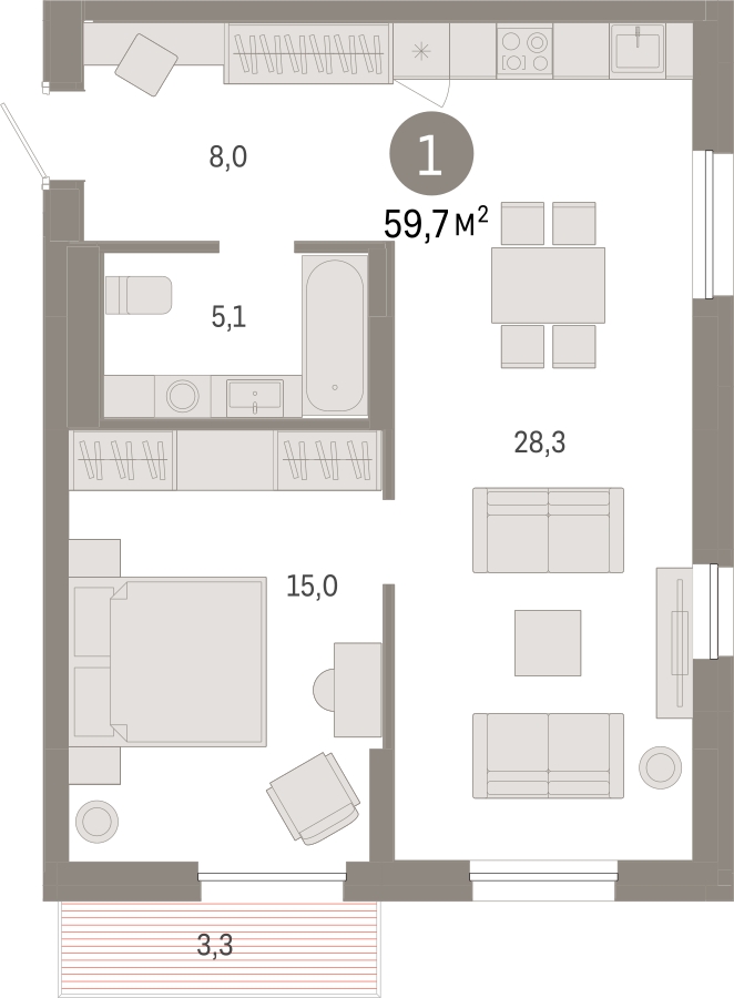 3-комнатная квартира с отделкой в ЖК Республики 205 на 9 этаже в 7 секции. Сдача в 4 кв. 2025 г.