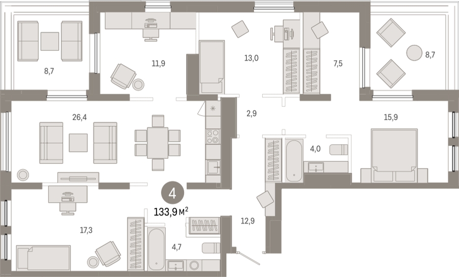 2-комнатная квартира с отделкой в ЖК Республики 205 на 1 этаже в 4 секции. Сдача в 4 кв. 2025 г.